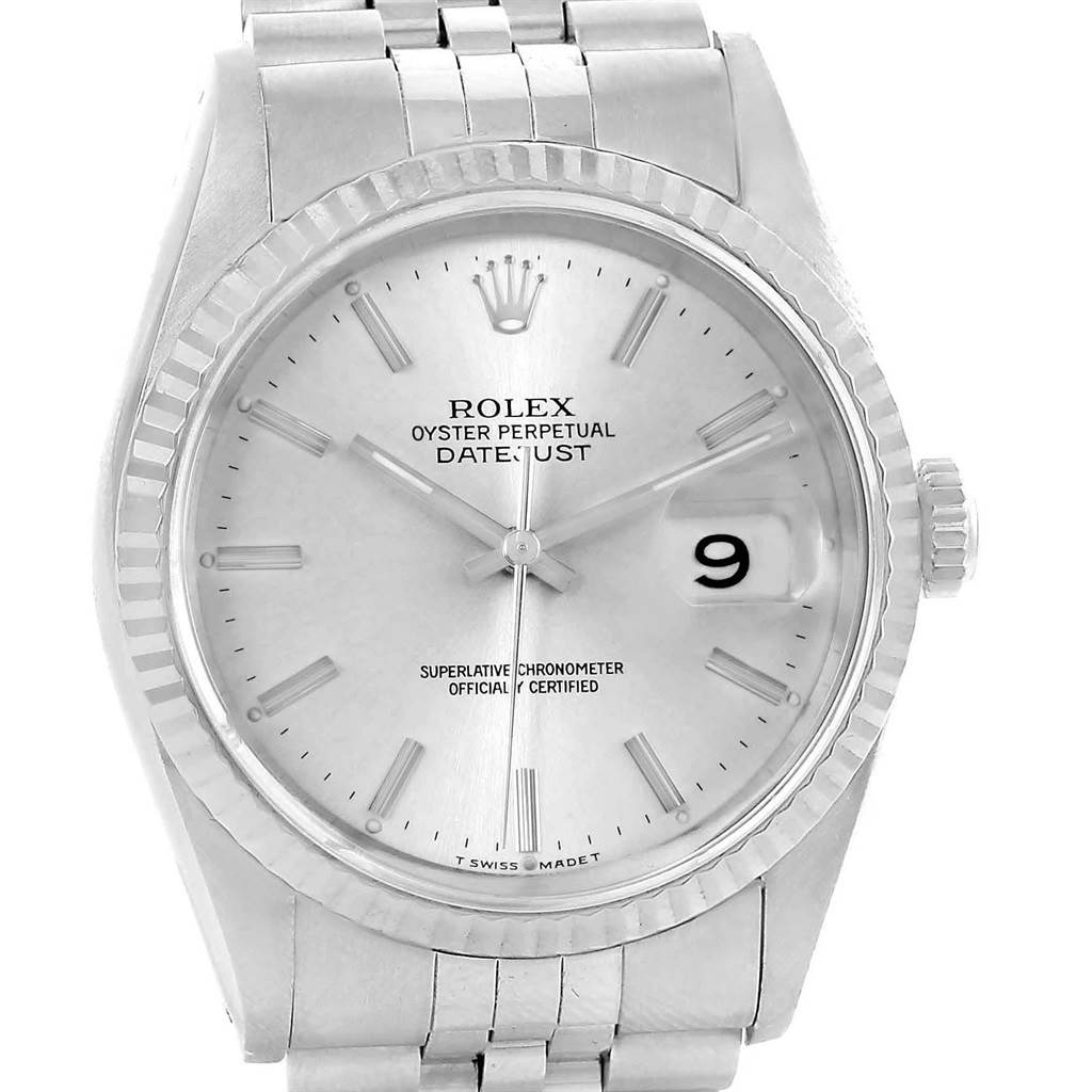 The image shows a Rolex Datejust 16234 Men's Stainless Steel Silver Dial 16234 Men's Stainless Steel Silver Dial watch from a direct front angle, displaying its dial, hour markers, hands, and bracelet attachment.