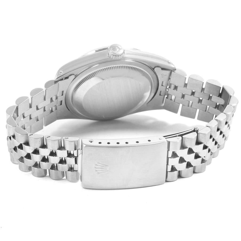 The image shows the back view of a Rolex Datejust 16234 Men's Stainless Steel Silver Dial 16234 Men's Stainless Steel Silver Dial watch, highlighting its case back and Jubilee bracelet with clasp.