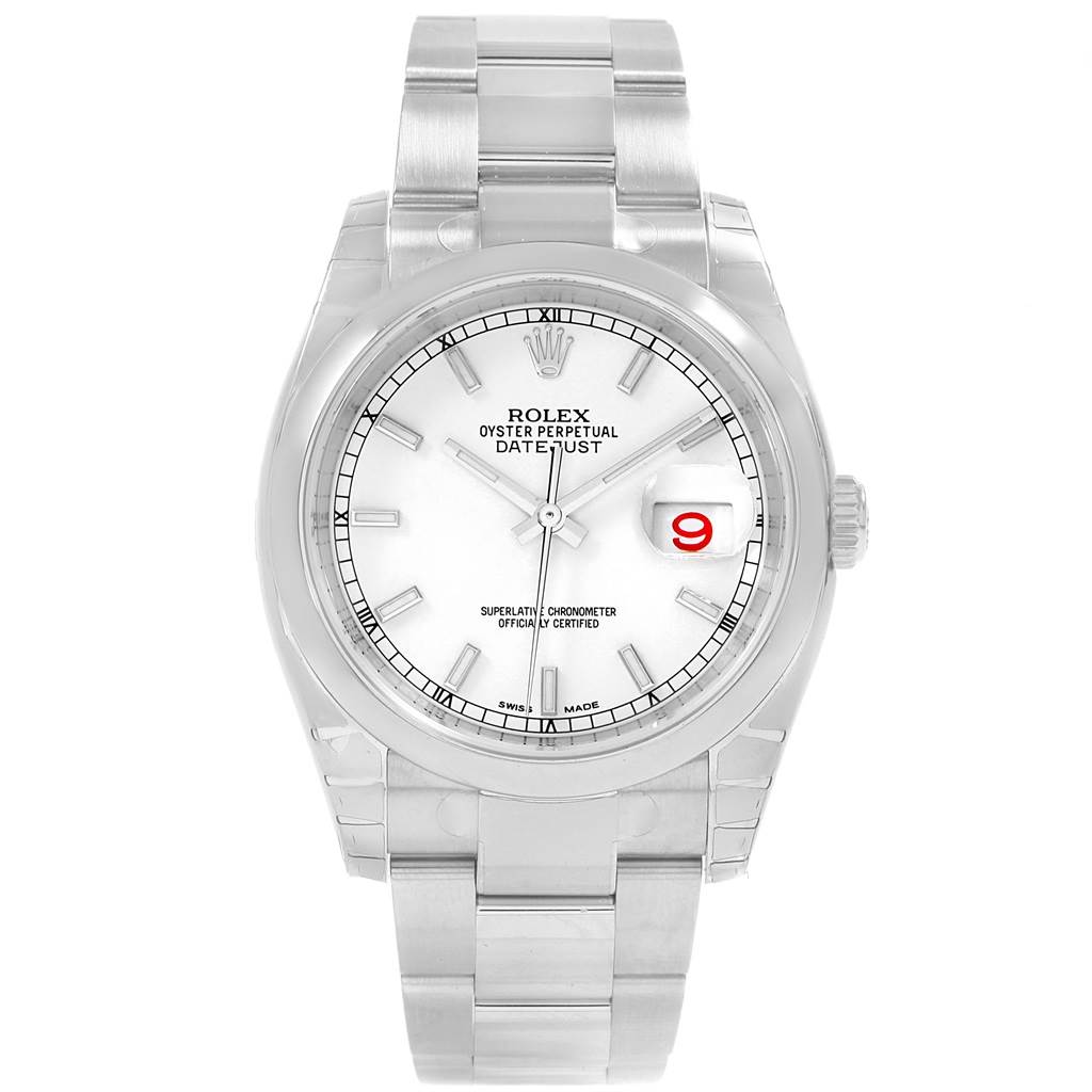 The image shows a front view of a Rolex Datejust 116200 Men's Stainless Steel White Dial 116200 Men's Stainless Steel White Dial watch displaying its dial, bracelet, and crown.