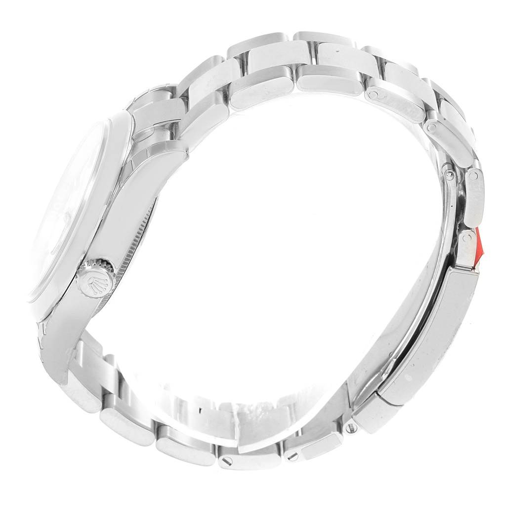 The image shows a side view of the Rolex Datejust 116200 Men's Stainless Steel White Dial 116200 Men's Stainless Steel White Dial model, focusing on the bracelet and side case.