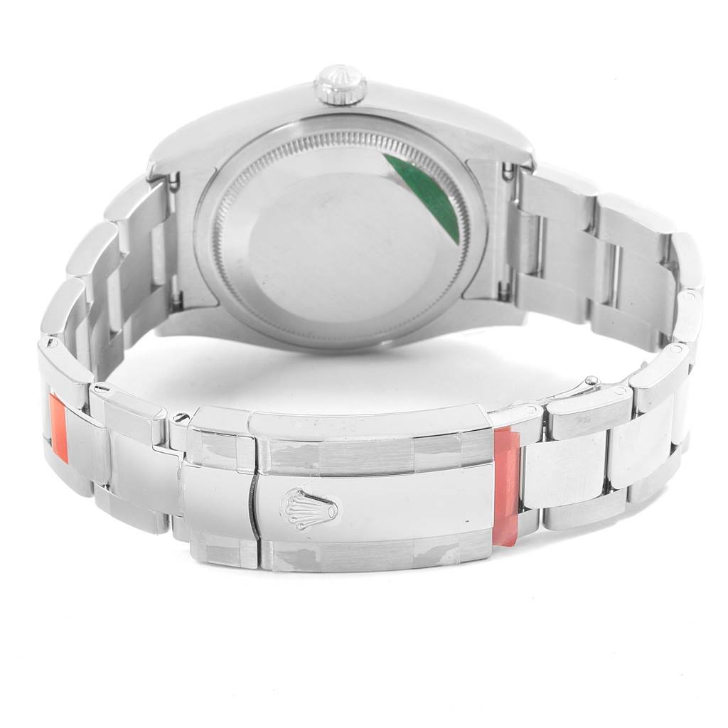 The image shows the back and bracelet clasp of a Rolex Datejust 116200 Men's Stainless Steel White Dial 116200 Men's Stainless Steel White Dial watch at an angle highlighting the backside.