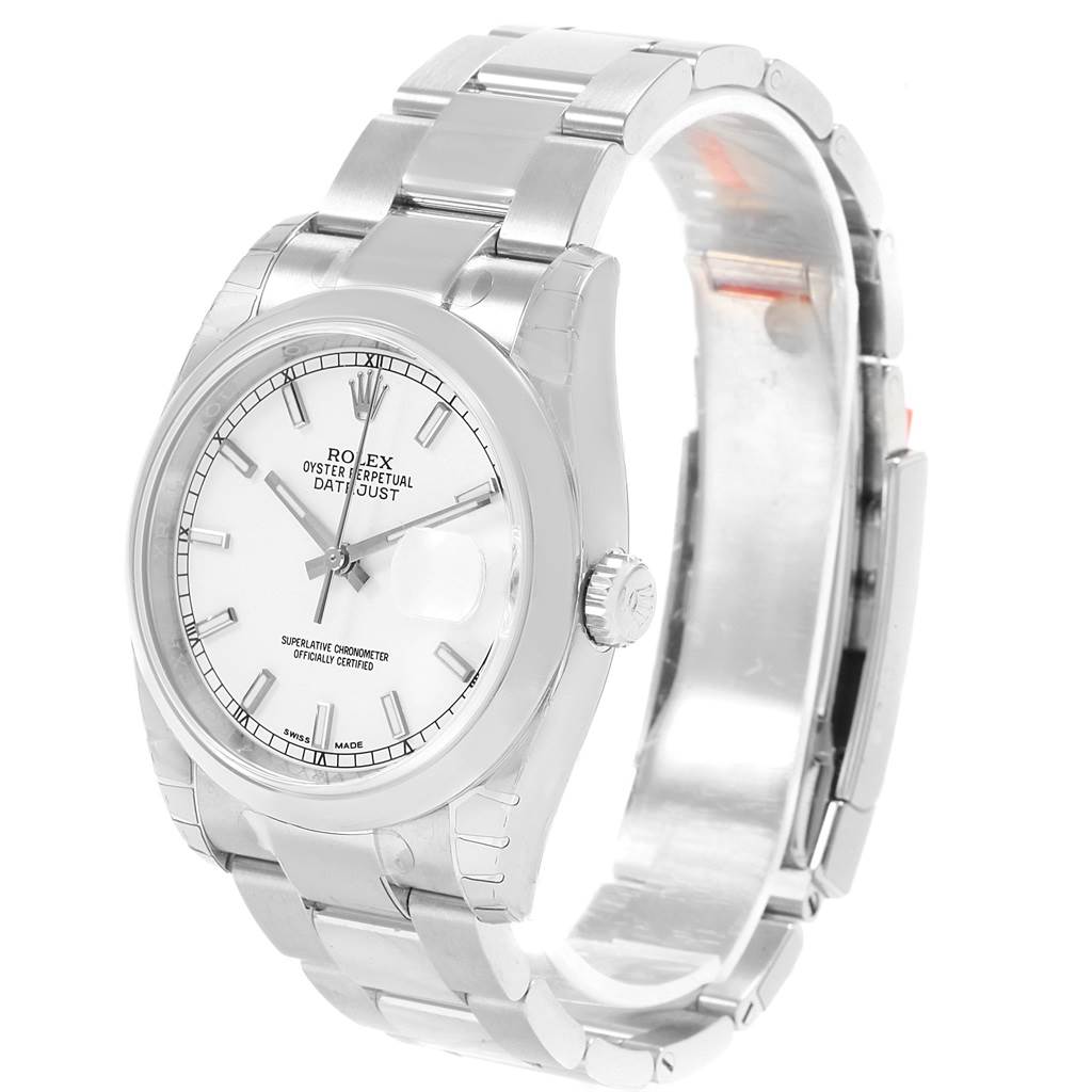 The image shows a Rolex Datejust 116200 Men's Stainless Steel White Dial 116200 Men's Stainless Steel White Dial watch at a slight side angle, displaying the face, bezel, and part of the bracelet.