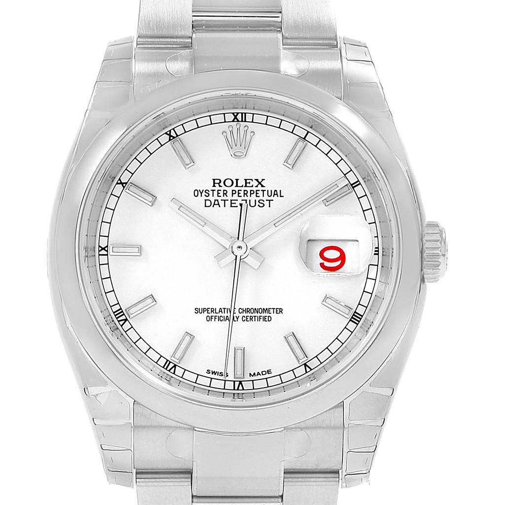 The image shows a front view of a Rolex Datejust 116200 Men's Stainless Steel White Dial 116200 Men's Stainless Steel White Dial watch, highlighting its face, dial, and part of the bracelet.