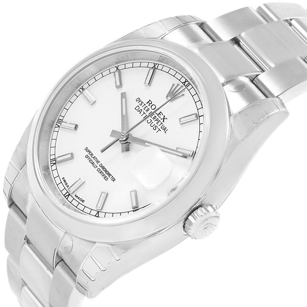 The image shows a Rolex Datejust 116200 Men's Stainless Steel White Dial 116200 Men's Stainless Steel White Dial watch from a slight top-side angle, highlighting the dial, bezel, and a portion of the bracelet.