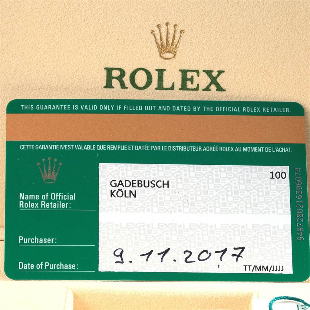 The image shows the authentication card for a Rolex Datejust 116200 Men's Stainless Steel White Dial 116200 Men's Stainless Steel White Dial watch, detailing the retailer, purchaser, and purchase date (09/11/2017).