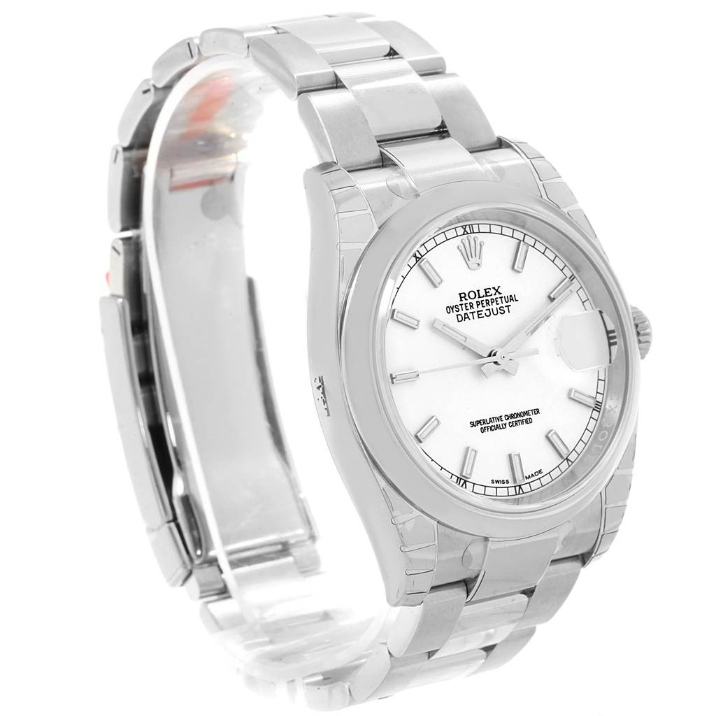 The image shows a Rolex Datejust 116200 Men's Stainless Steel White Dial 116200 Men's Stainless Steel White Dial watch angled from the front left, highlighting the face, bezel, bracelet, and clasp partially open.