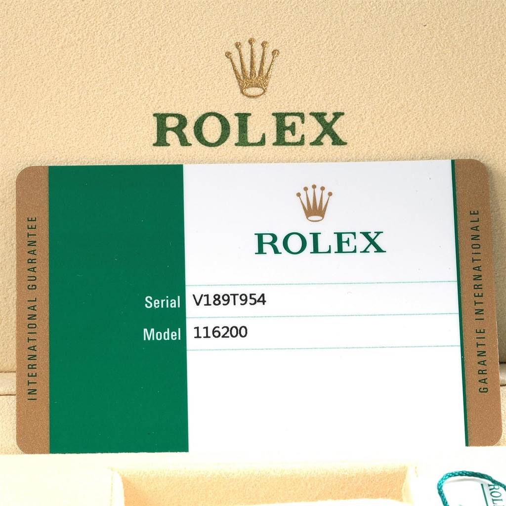 The image shows a Rolex Datejust 116200 Men's Stainless Steel White Dial 116200 Men's Stainless Steel White Dial model guarantee card with the serial number V189T954 and model number 116200.