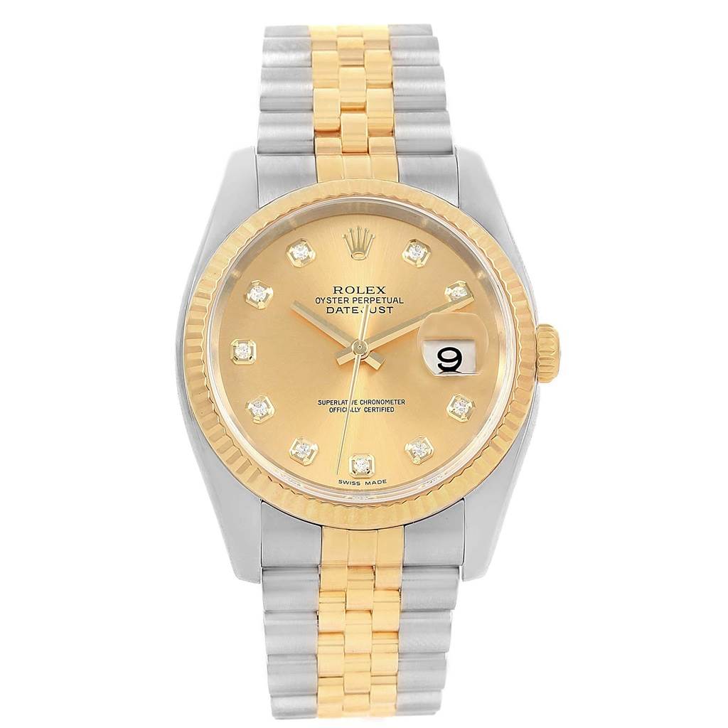 This image shows the front view of a Rolex Datejust 116233 Men's Stainless Steel Champagne Dial 116233 Men's Stainless Steel Champagne Dial watch featuring a gold dial and a two-tone bracelet.