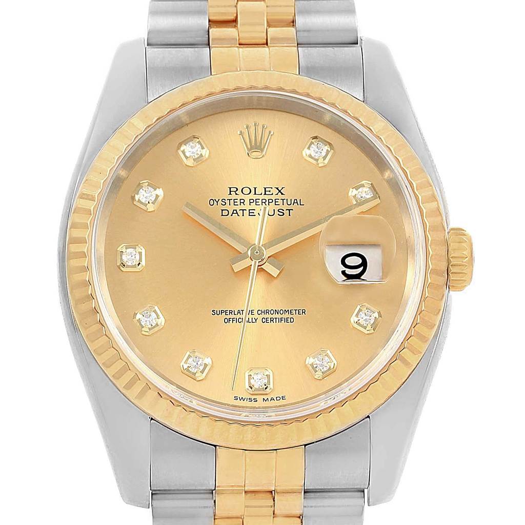 The image shows a Rolex Datejust 116233 Men's Stainless Steel Champagne Dial 116233 Men's Stainless Steel Champagne Dial watch front-facing, highlighting the dial, bezel, and part of the bracelet.