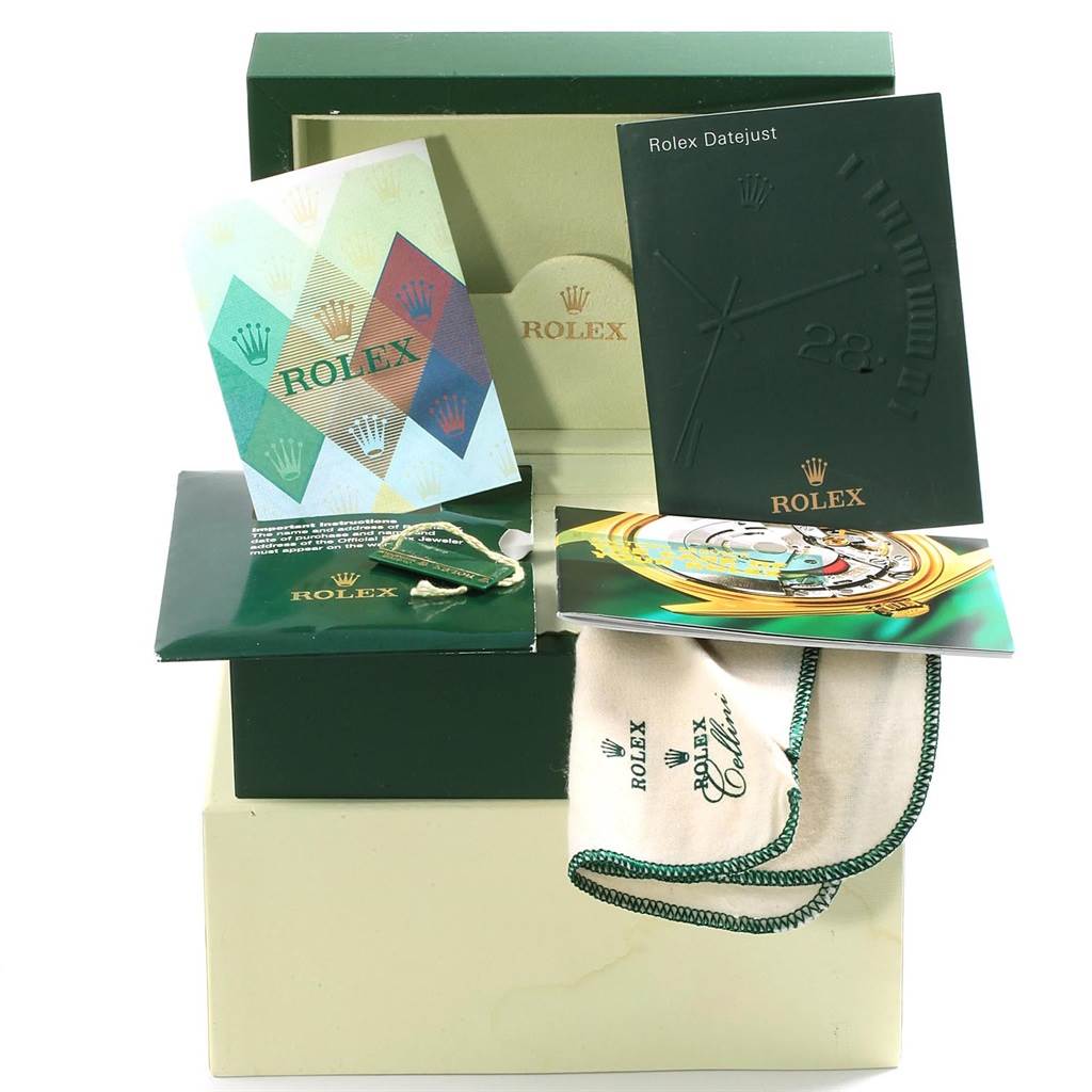 The image shows Rolex Datejust 116233 Men's Stainless Steel Champagne Dial 116233 Men's Stainless Steel Champagne Dial accessories, including booklets, a cleaning cloth, and the box, viewed from the front.