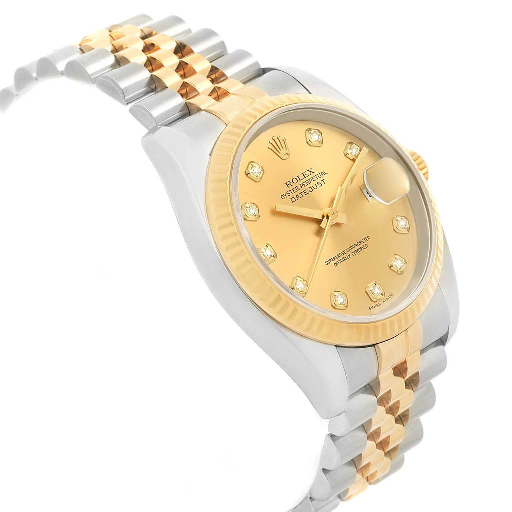 The image shows a side angle of a Rolex Datejust 116233 Men's Stainless Steel Champagne Dial 116233 Men's Stainless Steel Champagne Dial watch, highlighting its gold bezel, dial, and two-tone bracelet.