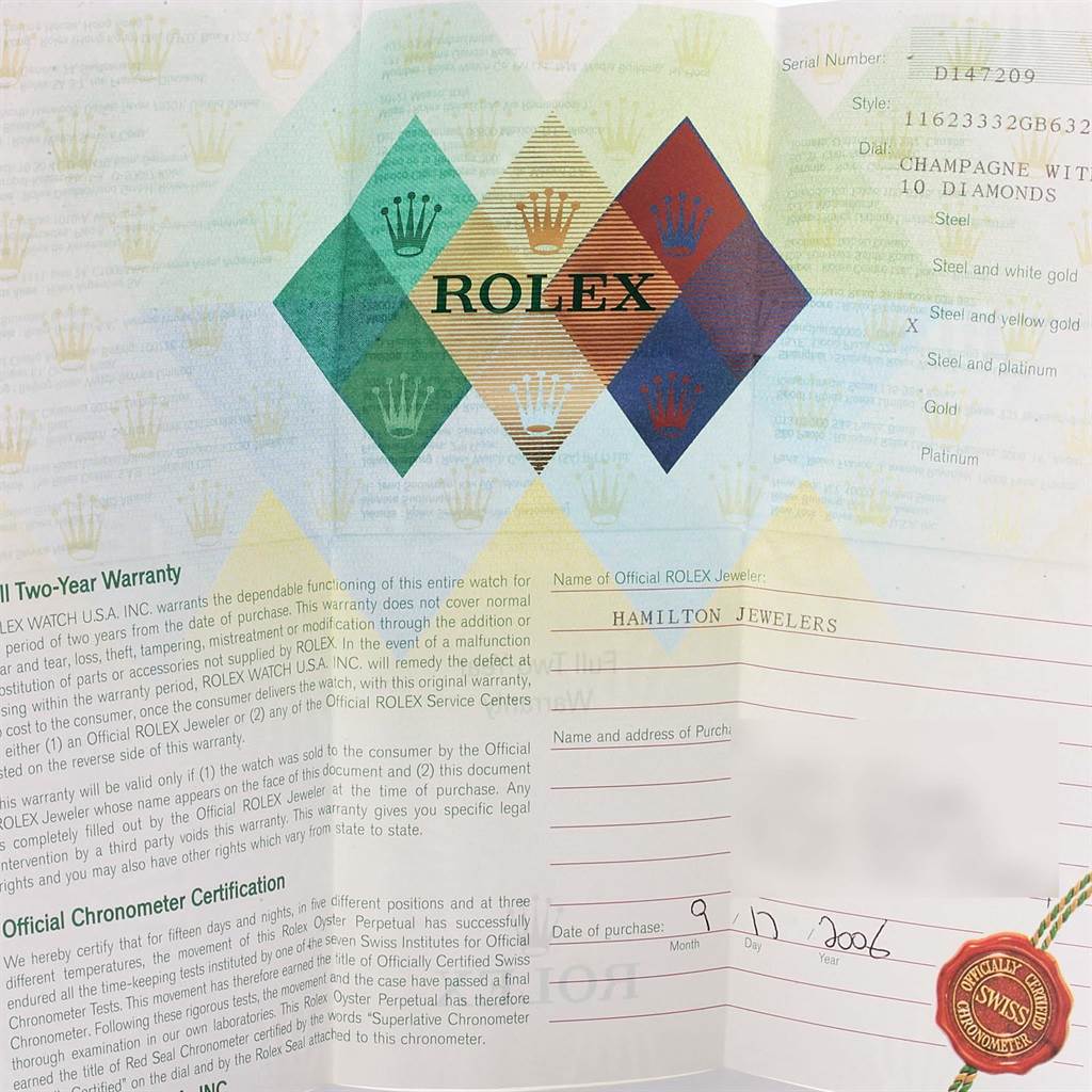 The image shows the warranty and certification papers for the Rolex Datejust 116233 Men's Stainless Steel Champagne Dial 116233 Men's Stainless Steel Champagne Dial model watch.