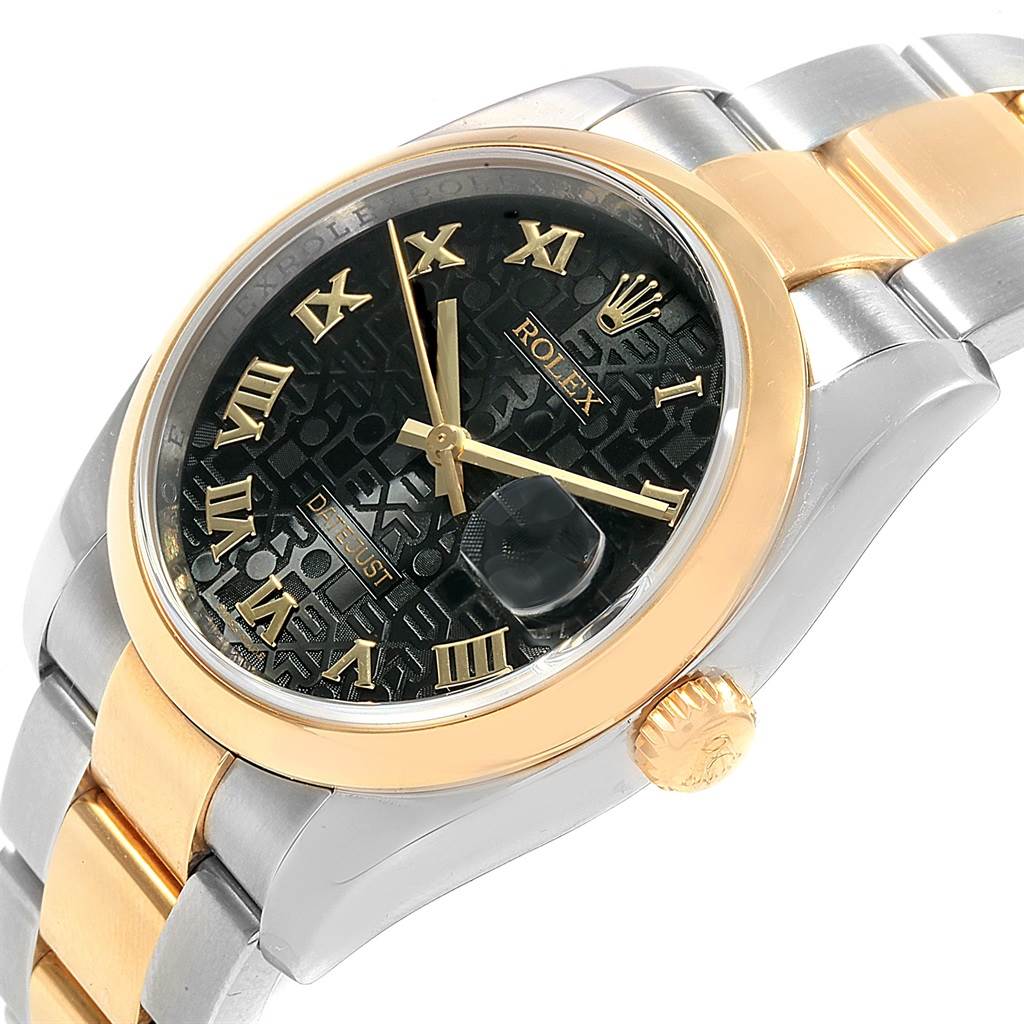 This Rolex Datejust 116203 Men's Stainless Steel Black Dial 116203 Men's Stainless Steel Black Dial watch is shown at a three-quarter angle, highlighting the face, bezel, crown, and part of the bracelet.