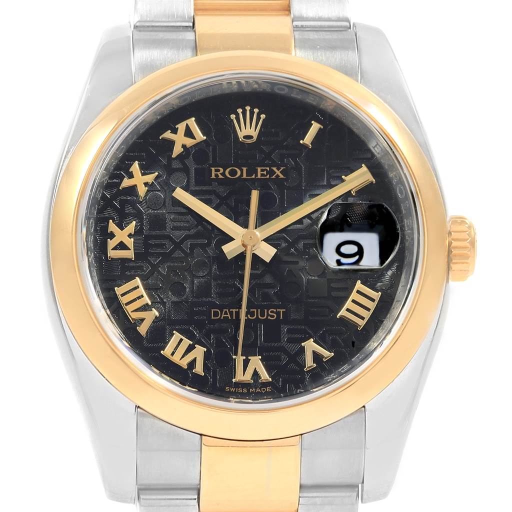 This image shows the face of a Rolex Datejust 116203 Men's Stainless Steel Black Dial 116203 Men's Stainless Steel Black Dial watch, highlighting the dial, bezel, hands, and crown in a close-up angle.