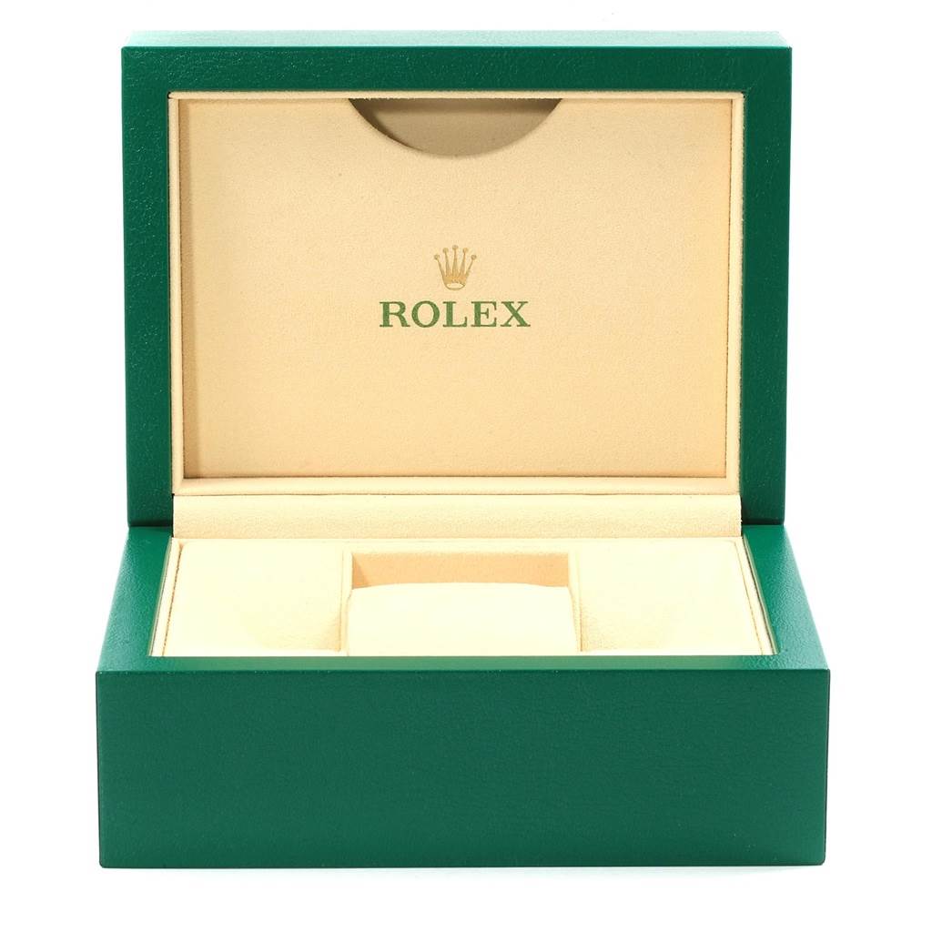 The image shows an open green Rolex Datejust 116203 Men's Stainless Steel Black Dial 116203 Men's Stainless Steel Black Dial watch box with a cream interior and the Rolex logo on the inside lid.