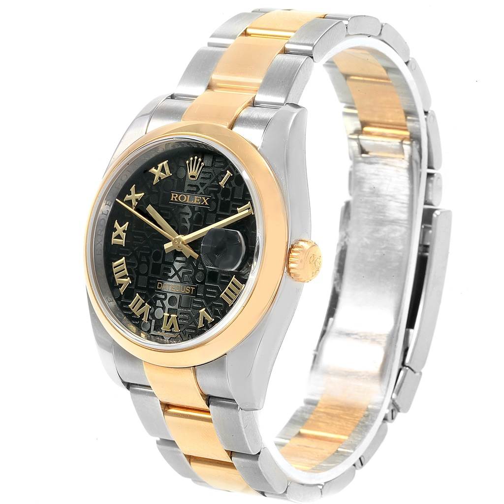 This is a side angle view of a Rolex Datejust 116203 Men's Stainless Steel Black Dial 116203 Men's Stainless Steel Black Dial watch showcasing its dial, bezel, and bracelet.