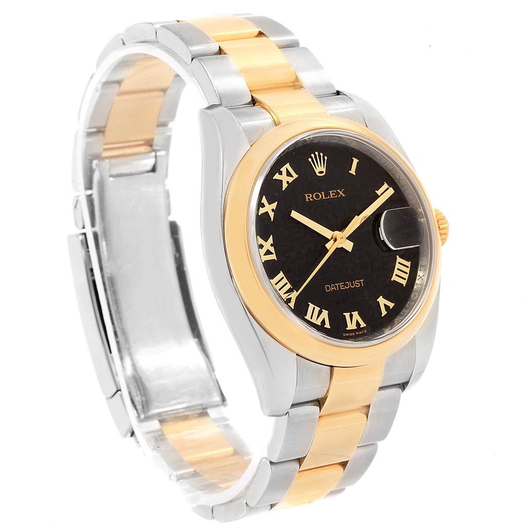 The image shows a Rolex Datejust 116203 Men's Stainless Steel Black Dial 116203 Men's Stainless Steel Black Dial watch at an angle, highlighting its black dial, Roman numerals, and two-tone bracelet.