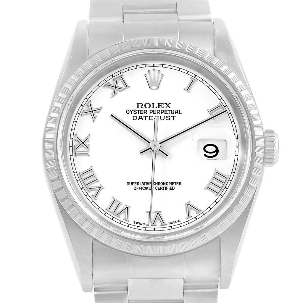 The image shows a front view of the Rolex Datejust 16220 Men's Stainless Steel White Dial 16220 Men's Stainless Steel White Dial, showcasing its dial, bezel, hands, and bracelet.