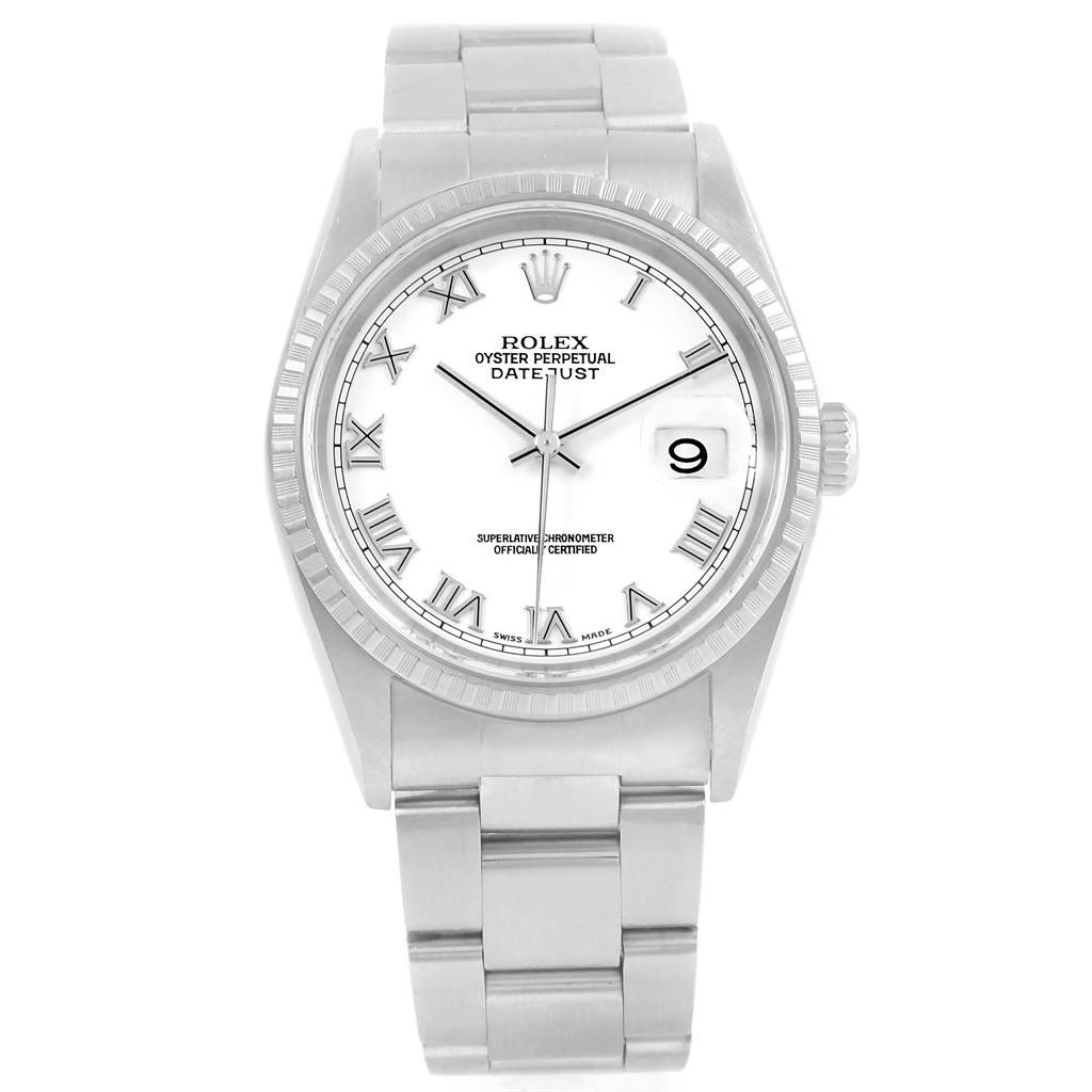 This image shows a front angle view of the Rolex Datejust 16220 Men's Stainless Steel White Dial 16220 Men's Stainless Steel White Dial watch, displaying its dial, bezel, bracelet, and crown.