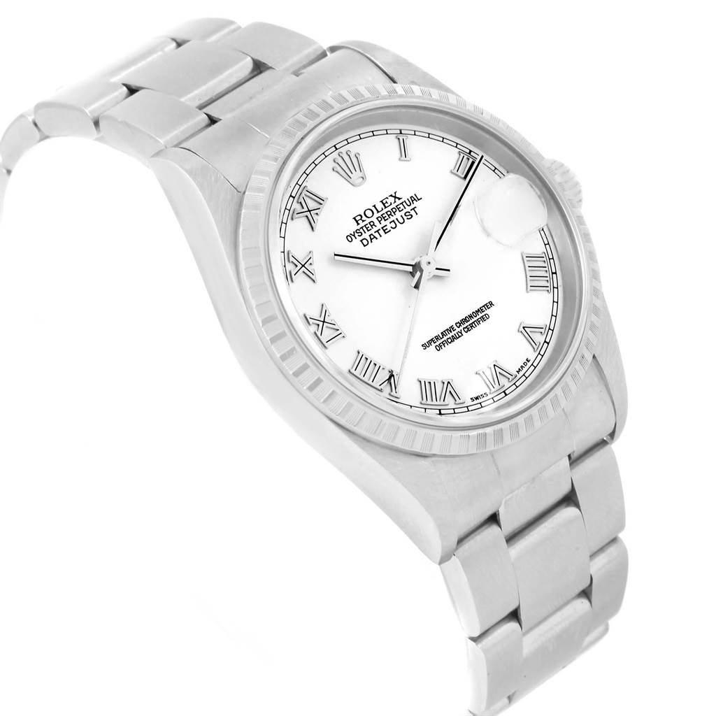 The image shows a Rolex Datejust 16220 Men's Stainless Steel White Dial 16220 Men's Stainless Steel White Dial watch from a front angle, highlighting its bracelet, dial, and bezel.