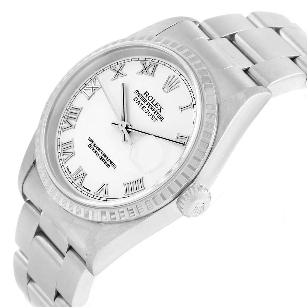 The image shows the Rolex Datejust 16220 Men's Stainless Steel White Dial 16220 Men's Stainless Steel White Dial watch at an oblique angle, displaying its white dial, fluted bezel, and Oyster bracelet.