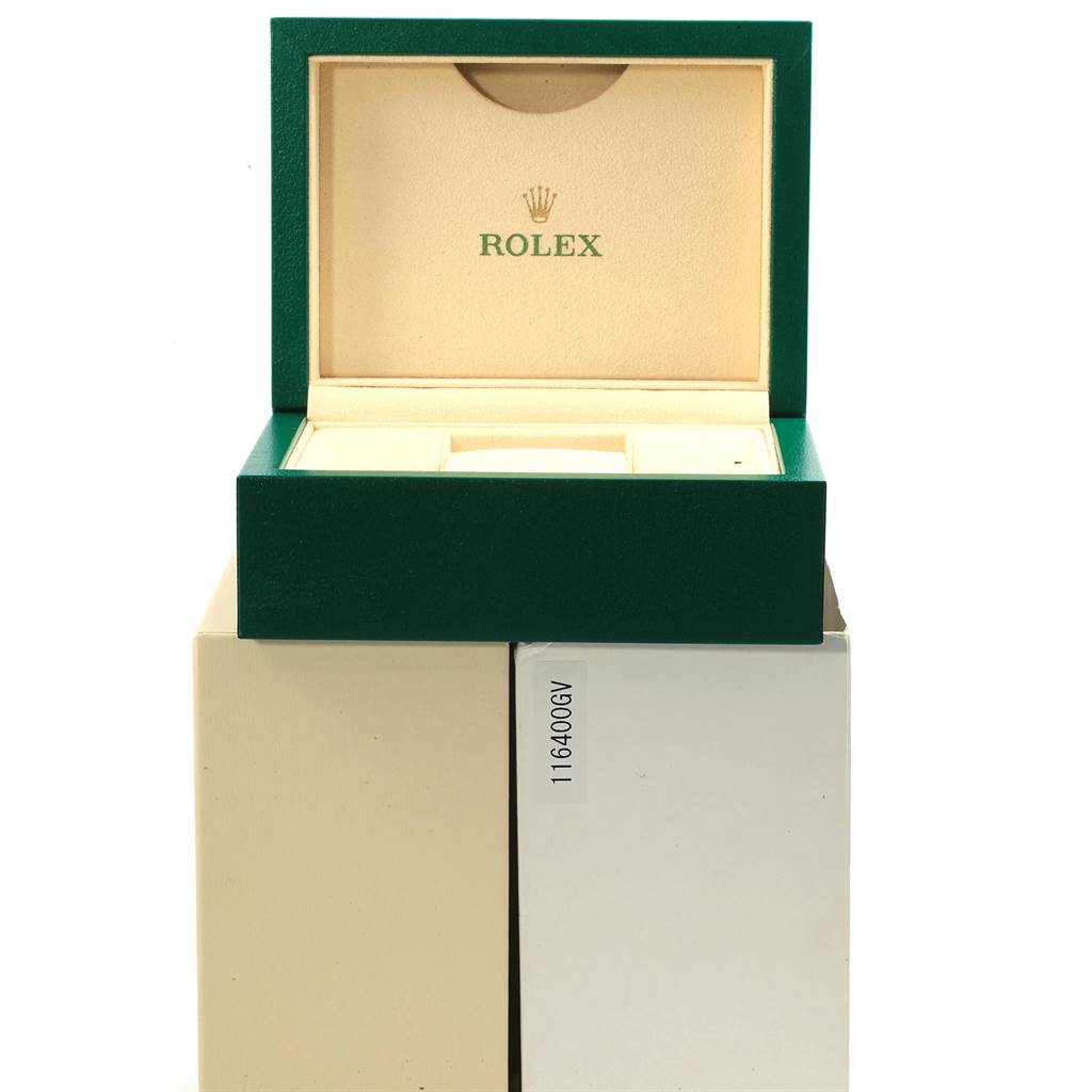 The image shows an open green Rolex box for a Datejust model watch, with no watch visible.