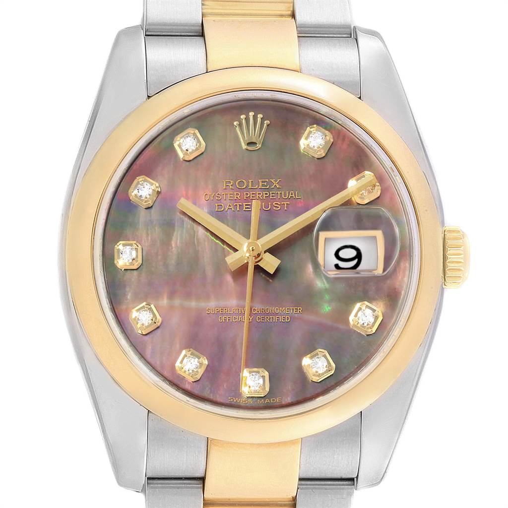 This image shows the face of a Rolex Datejust 116203 Men's Stainless Steel Mother of Pearl Dial 116203 Men's Stainless Steel Mother of Pearl Dial watch, highlighting its mother-of-pearl dial and date window at three o'clock.