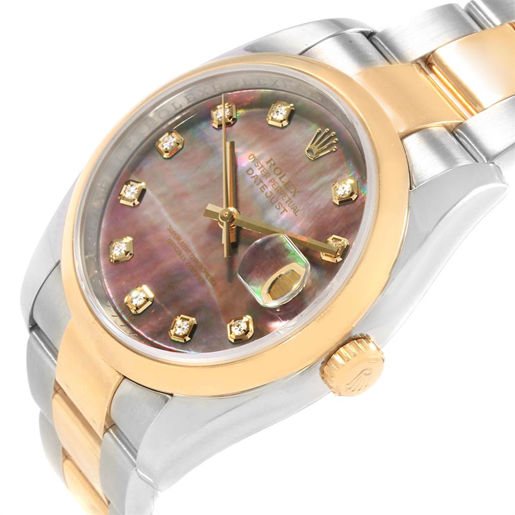 The image shows a close-up angle of the Rolex Datejust 116203 Men's Stainless Steel Mother of Pearl Dial 116203 Men's Stainless Steel Mother of Pearl Dial watch, highlighting its two-tone bracelet, mother-of-pearl dial, diamond hour markers, and crown.