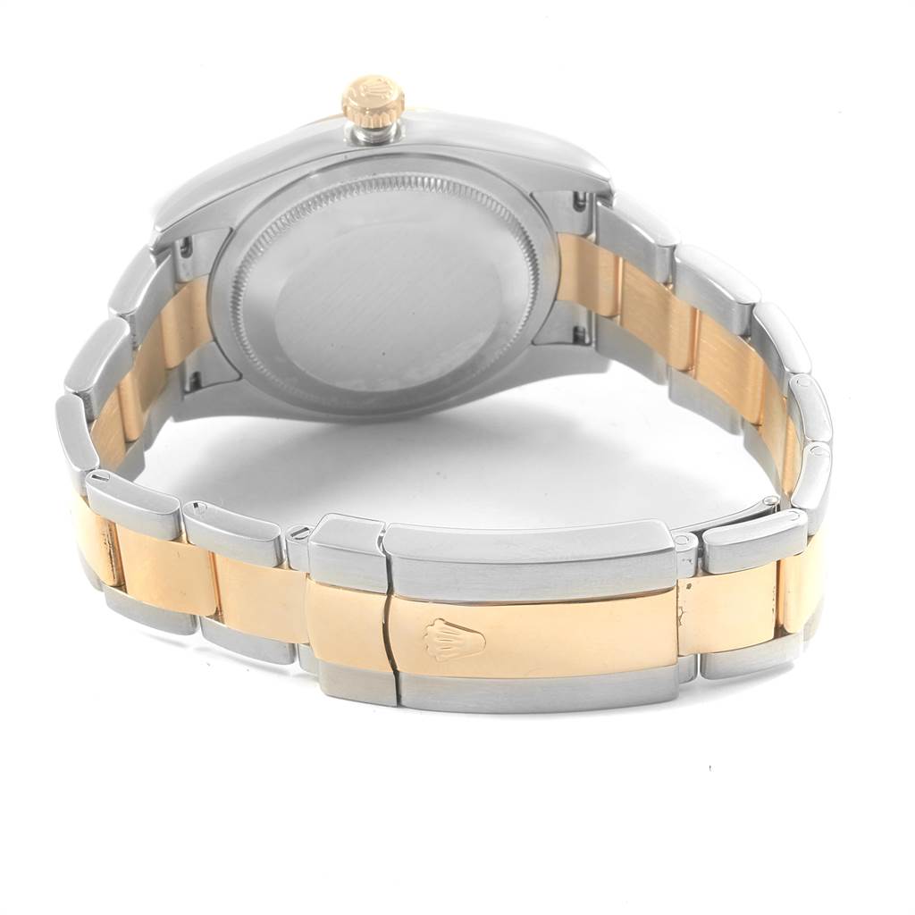 This image shows the back of a Rolex Datejust 116203 Men's Stainless Steel Mother of Pearl Dial 116203 Men's Stainless Steel Mother of Pearl Dial watch, highlighting the case back, crown, and two-tone bracelet with clasp.