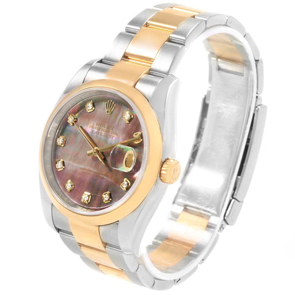 The image shows a Rolex Datejust 116203 Men's Stainless Steel Mother of Pearl Dial 116203 Men's Stainless Steel Mother of Pearl Dial watch from a three-quarter angle, highlighting its face, crown, and two-tone metal strap.