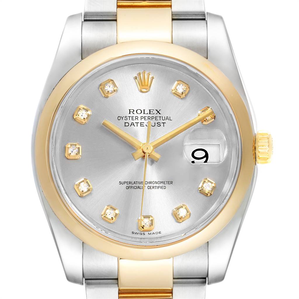 The image shows a close-up of the dial, bezel, and part of the bracelet of a Rolex Datejust 116203 Men's Steel and Gold (two tone) Silver Dial 116203 Men's Steel and Gold (two tone) Silver Dial watch.