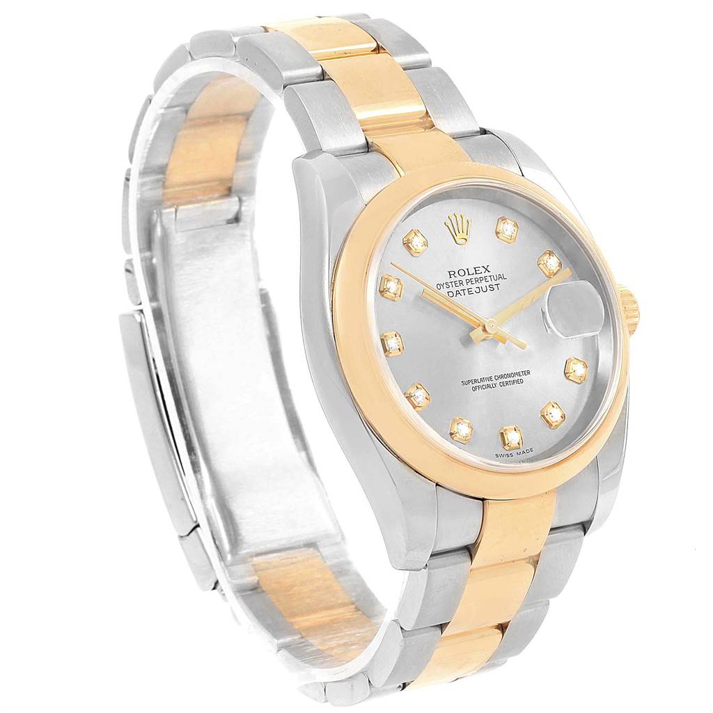 The image shows a close-up, angled view of the Rolex Datejust 116203 Men's Steel and Gold (two tone) Silver Dial 116203 Men's Steel and Gold (two tone) Silver Dial watch highlighting its dial, bracelet, and crown.