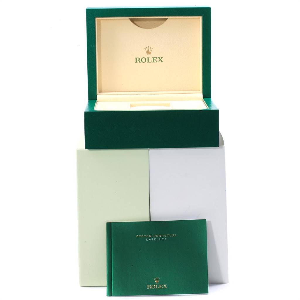 The image shows a Rolex Datejust 116203 Men's Steel and Gold (two tone) Silver Dial 116203 Men's Steel and Gold (two tone) Silver Dial watch box and user manual, viewed from a front angle.