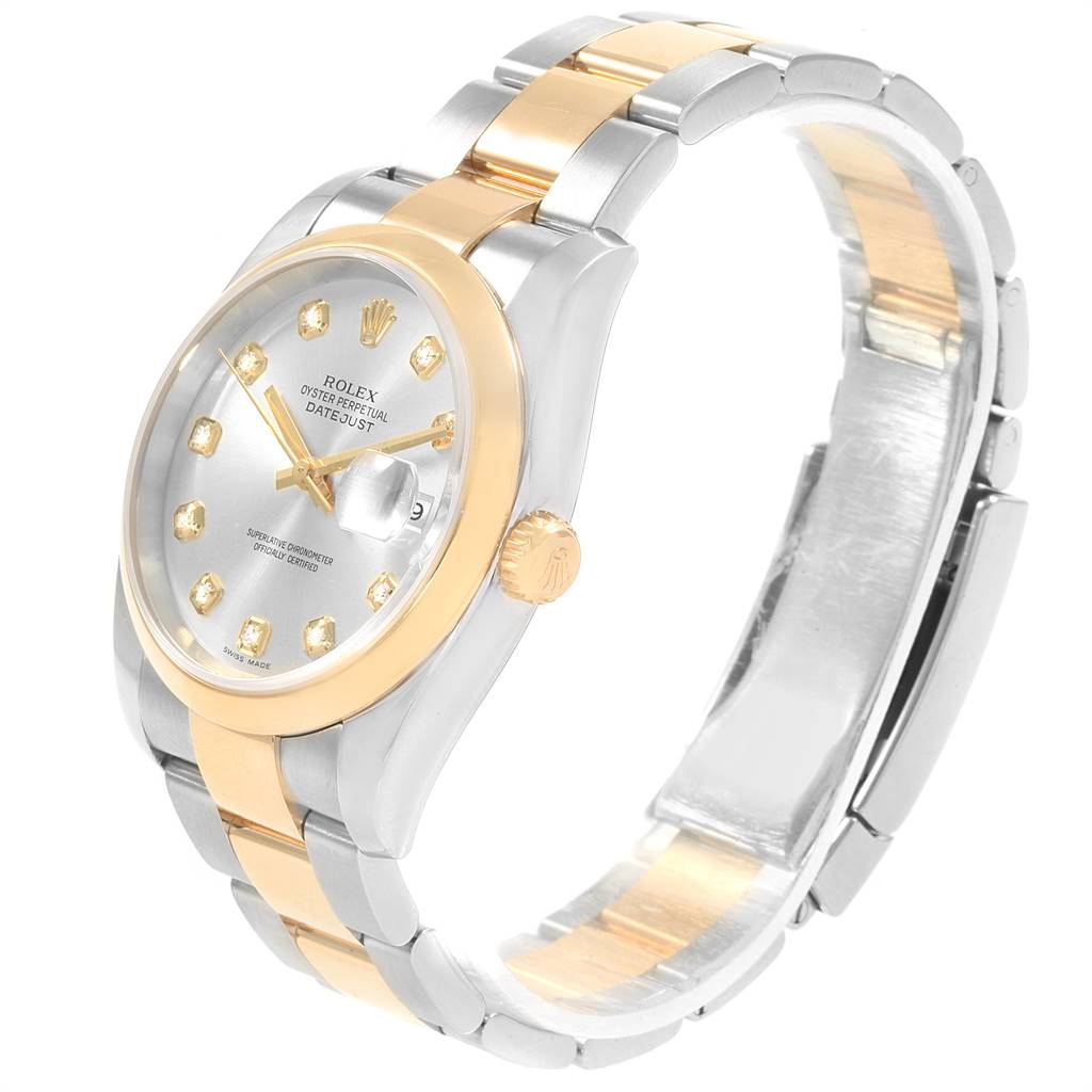 The Rolex Datejust 116203 Men's Steel and Gold (two tone) Silver Dial 116203 Men's Steel and Gold (two tone) Silver Dial watch is shown at a three-quarter angle, highlighting its dial, crown, and metal bracelet.