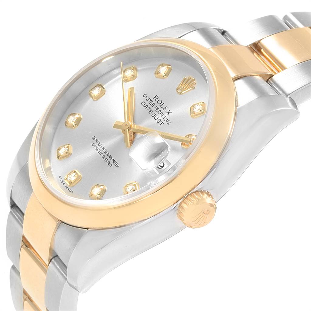 The image shows a close-up angled view of the Rolex Datejust 116203 Men's Steel and Gold (two tone) Silver Dial 116203 Men's Steel and Gold (two tone) Silver Dial, highlighting the dial, crown, and part of the bracelet.