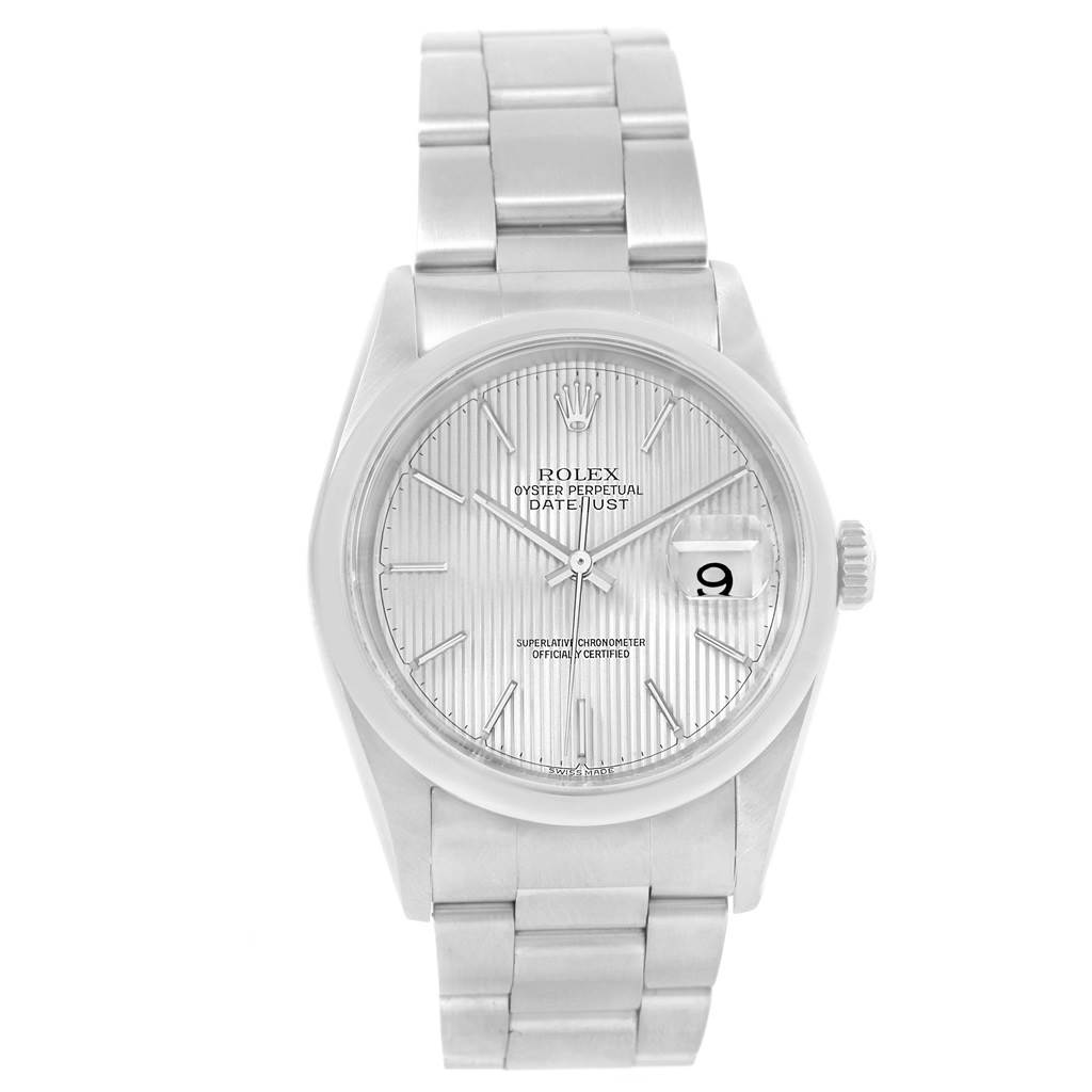 This image shows a Rolex Datejust 16200 Men's Stainless Steel Silver Dial 16200 Men's Stainless Steel Silver Dial watch from a front angle, displaying its dial, bracelet, and date window.