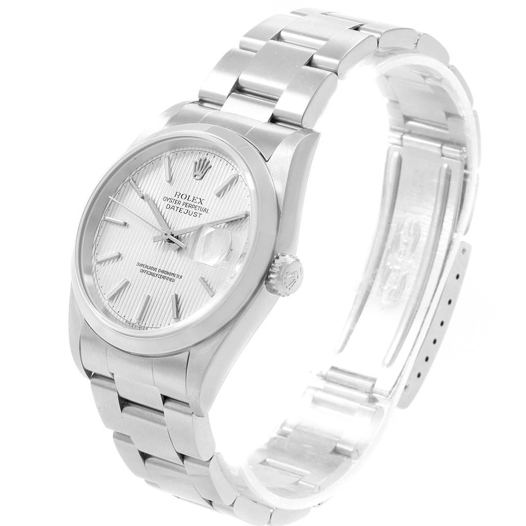 The image shows a side view of the Rolex Datejust 16200 Men's Stainless Steel Silver Dial 16200 Men's Stainless Steel Silver Dial with its face, bracelet, and clasp clearly visible.