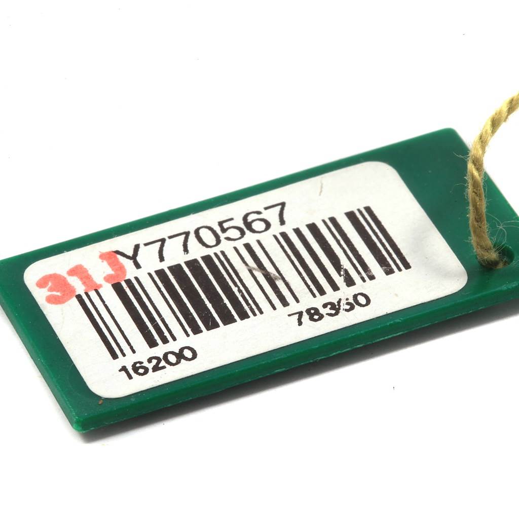 The image shows a green tag with a barcode and numbers, likely from a Rolex Datejust 16200 Men's Stainless Steel Silver Dial 16200 Men's Stainless Steel Silver Dial watch accessory.