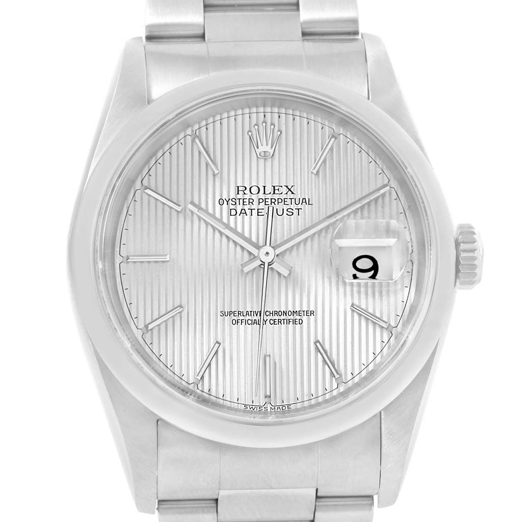 The image shows a front view of a Rolex Datejust 16200 Men's Stainless Steel Silver Dial 16200 Men's Stainless Steel Silver Dial watch, highlighting its dial, hands, date window, and part of the bracelet.