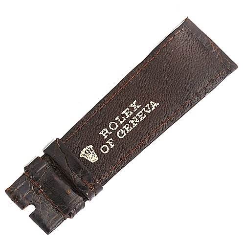 This is a close-up of a leather watch strap for a Rolex Datejust 16013 Men's Steel and Gold (two tone) Silver Dial 16013 Men's Steel and Gold (two tone) Silver Dial model, showing the "Rolex of Geneva" text.