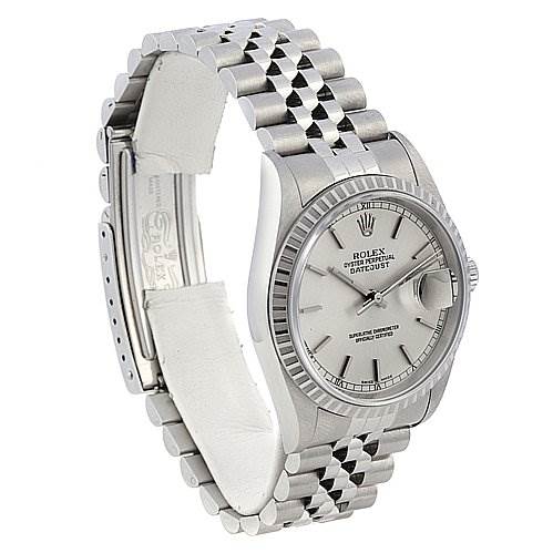 The image shows a side-angle view of a Rolex Datejust 16220 Men's Stainless Steel Silver Dial 16220 Men's Stainless Steel Silver Dial watch, highlighting the face, bezel, bracelet, and clasp.