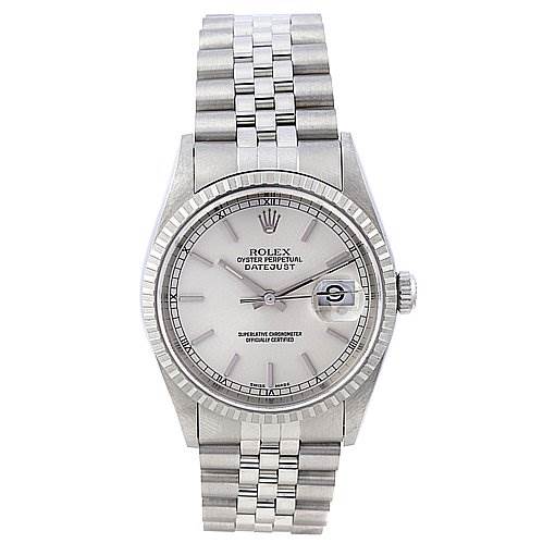 The image shows a front view of the Rolex Datejust 16220 Men's Stainless Steel Silver Dial 16220 Men's Stainless Steel Silver Dial watch, highlighting the dial, bezel, and bracelet.