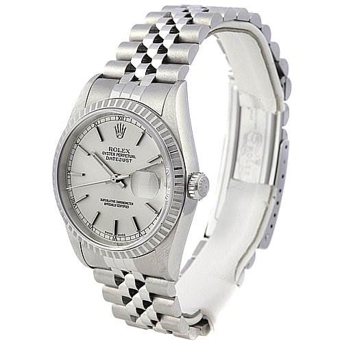 The image shows a Rolex Datejust 16220 Men's Stainless Steel Silver Dial 16220 Men's Stainless Steel Silver Dial watch at a slight angle, highlighting its dial, bezel, crown, and bracelet.