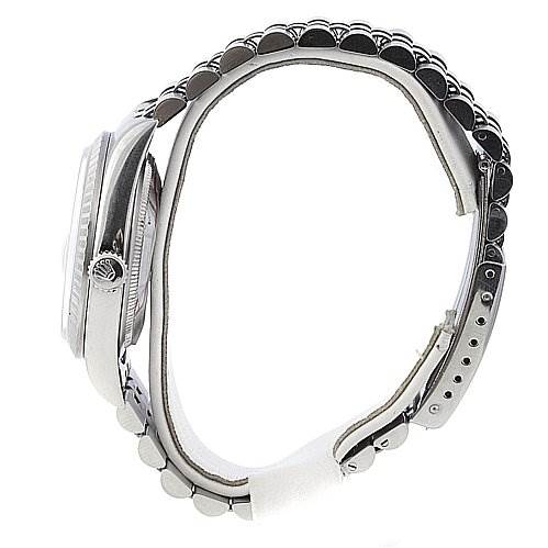 The image shows a side profile of a Rolex Datejust 16220 Men's Stainless Steel Silver Dial 16220 Men's Stainless Steel Silver Dial watch focusing on the bracelet and case.