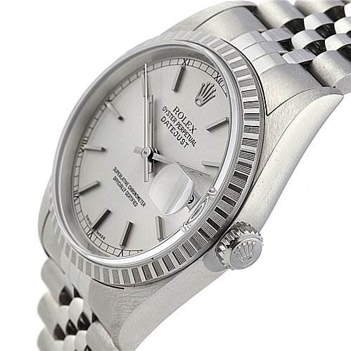 The image shows a close-up, angled view of a Rolex Datejust 16220 Men's Stainless Steel Silver Dial 16220 Men's Stainless Steel Silver Dial watch, highlighting the face, bezel, crown, and part of the bracelet.