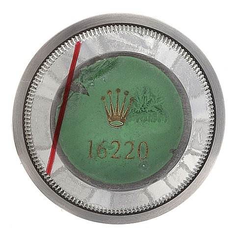 This image shows the bezel of a Rolex Datejust 16220 Men's Stainless Steel Silver Dial 16220 Men's Stainless Steel Silver Dial model from a top-down angle.