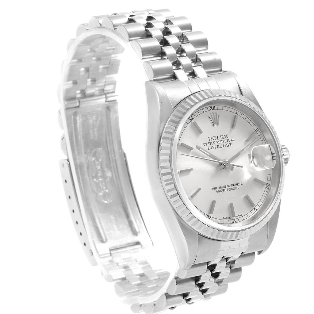 The image shows a Rolex Datejust 16234 Men's Stainless Steel Silver Dial 16234 Men's Stainless Steel Silver Dial watch at a three-quarter angle, emphasizing its face, bracelet, and clasp.