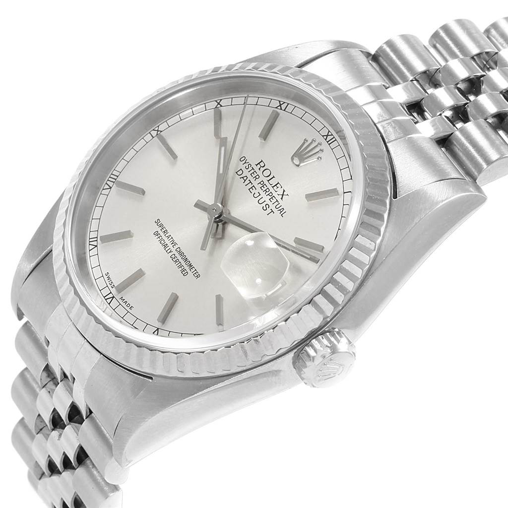 The image shows a side and partial front view of a Rolex Datejust 16234 Men's Stainless Steel Silver Dial 16234 Men's Stainless Steel Silver Dial watch, highlighting the bezel, dial, and bracelet.