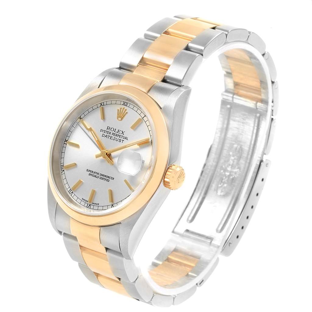 This image shows a side angle of a Rolex Datejust 16203 Men's Steel and Gold (two tone) Silver Dial 16203 Men's Steel and Gold (two tone) Silver Dial watch, highlighting the dial, bezel, crown, and bracelet.