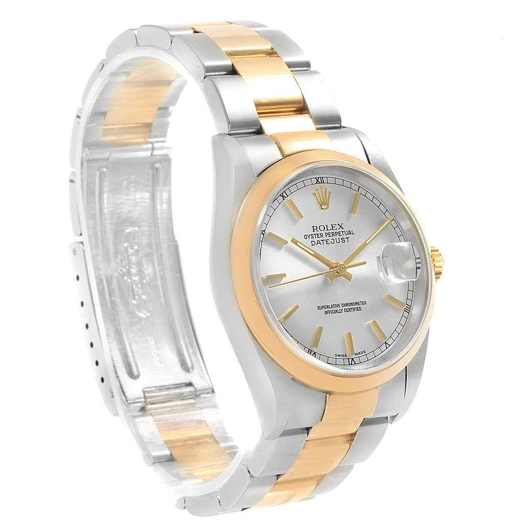 This image shows a side view of a Rolex Datejust 16203 Men's Steel and Gold (two tone) Silver Dial 16203 Men's Steel and Gold (two tone) Silver Dial watch, highlighting the dial, bezel, and bracelet.